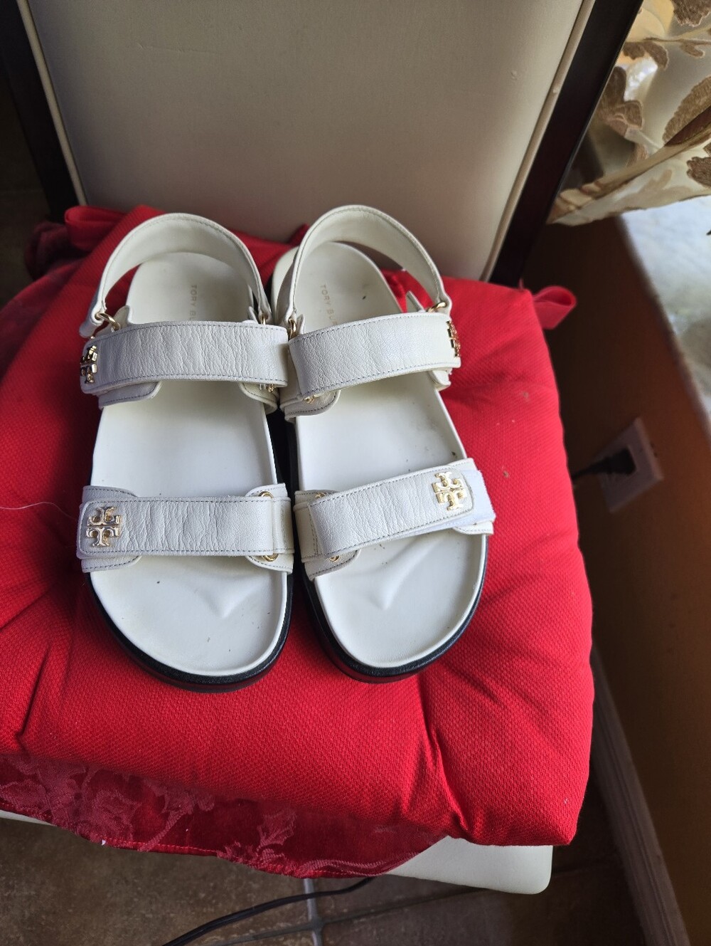 Tory Burch White Leather Double-Strap Sandals with Gold Logo